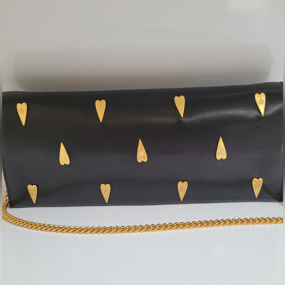 Rebecca Minkoff Black Genuine Leather Clutch With Gold Hearts, 12"L x 5"H.